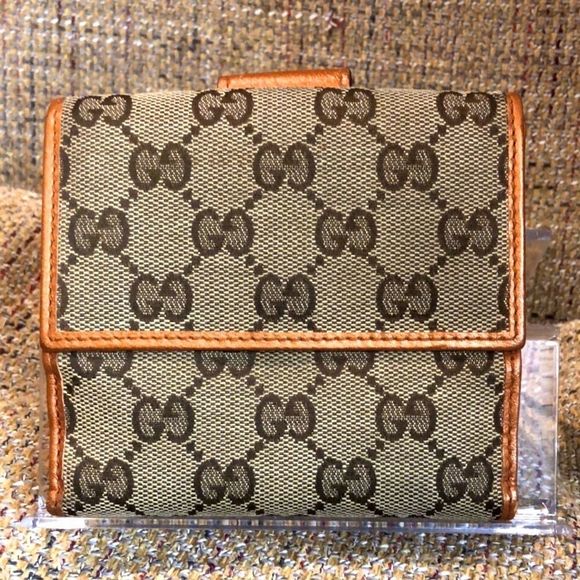 GUCCI GG Monogram Canvas Burned Orange Leather Trifold Wallet Monogrammed Clasp - Picture 1 of 17